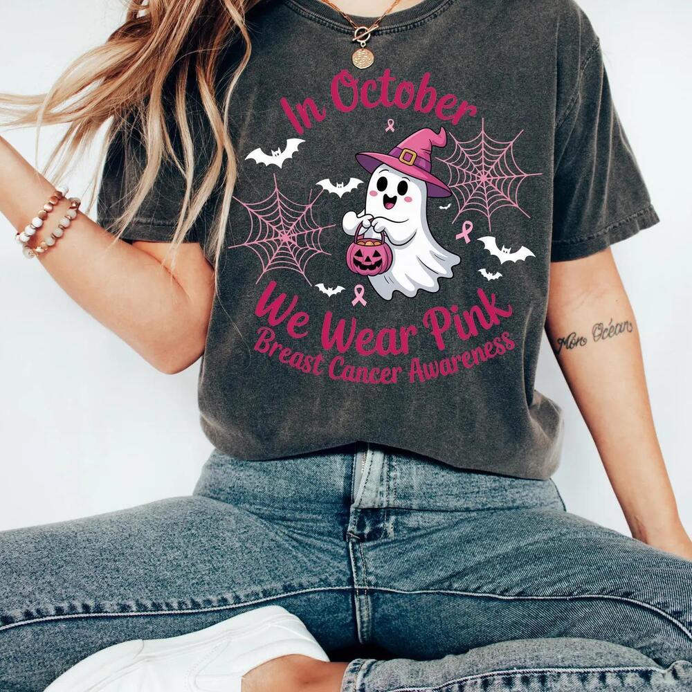 In October We Wear T-Shirt, Awareness Halloween Ghost Tee